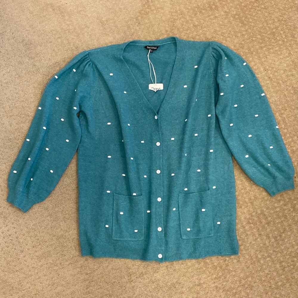 DAVI & DANI plus 3xl 3x Teal Cardigan White polka Dots 29” by 35” sweater long